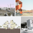 Renderings by Pratt Institute graduate architecture students, clockwise from upper left: Mixed-use business and cultural district by Jeffrey Autore; dynamic landscapes and event spaces, including towers and a solar airplane by Joselia Mendiolea; "transit materials lab" interactive facility by Masha Pekurovsky; housing which blurs boundaries between indoors and outdoors by Hsing-Chung (Mike) Su.