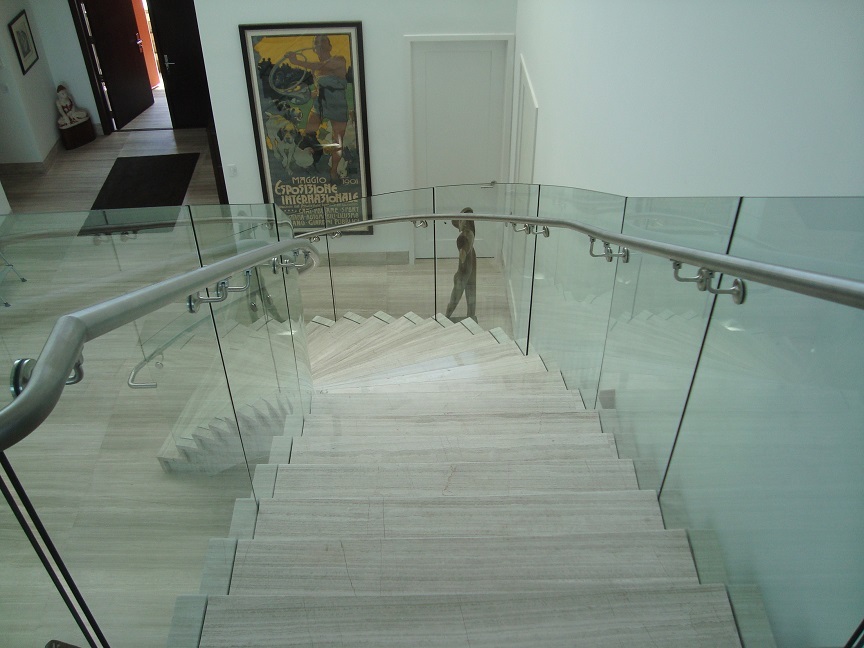 Frameless Curved Glass Railings in Residential home Bella Stairs, LLC