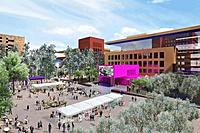 The proposed 14-acre Salesforce campus, designed by Legorreta and Legoretta of Mexico City, envisions a colorful collection of compact, and open, buildings. 