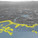 Aerial perspective of a managed retreat project in Foster City, CA. Low lying developments on fill are abandoned for the protection of other development areas and infrastructure. Levies aligned with the street grid extend into the water and provide protection of wetlands from wave action. A flotilla of utility pontoons and waterfront replacement programs is stationed near shore.