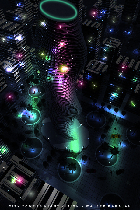 3D tower model at fictional night 
