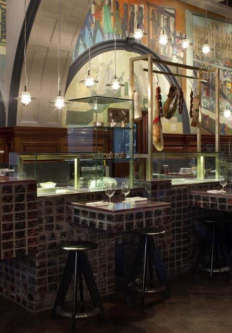 Royal Academy of Arts, London. A bar made of lava stone and handmade bricks lines one end of the room, while the dining area has been divided into zones each inspired by an architect or artist key to the Academy’s history, including John Soane and J.M.W Turner. (image via Dezeen)