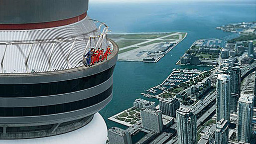 This artist's rendition shows the CN Tower's new EdgeWalk attraction. Set to open Aug. 1, it will allow visitors to walk outside the tower while being restrained by an overhead harness. (Canadian Press)