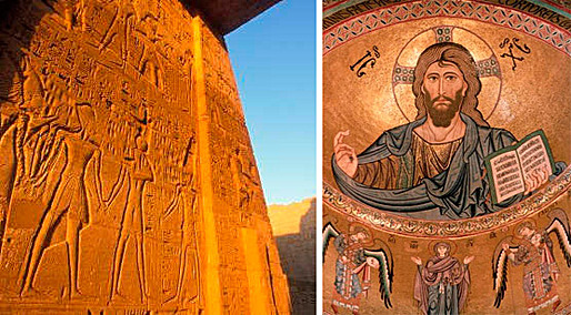 Figure 25 - Hieroglyphics at the court of Ramses II, Temple of Luxor, Egypt, built in the 1300s BC and a Mosaic inside a Byzantine Church in Sicily, Italy, built in the 12th century