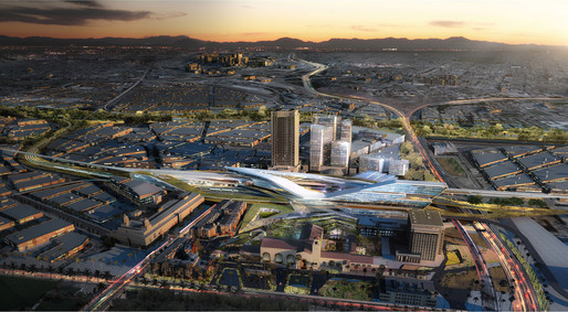 Aerial view of the master plan by UNStudio and EE&K a Perkins Eastman company, showing Los Angeles Union Station in the year 2050 (Image: UNStudio)