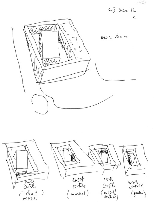 Bernard Tschumi Architects, ANIMA Cultural Center in Grottammare, Italy. General building strategy- the main room and the four courtyards (sketch by Bernard Tschumi)