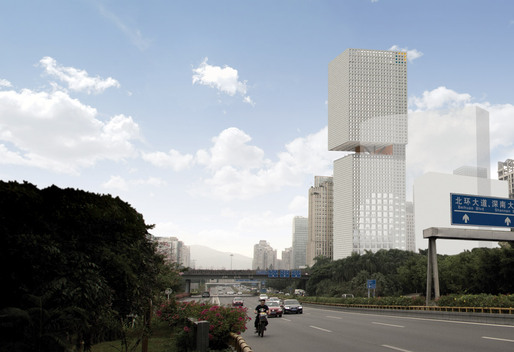 Highway view of the proposed Essence Financial Building in Shenzhen (Image courtesy of OMA)