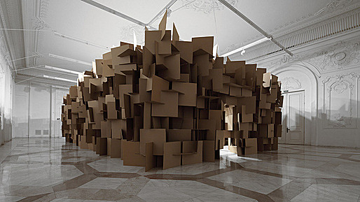 Zimoun + Hannes Zweifel : 200 prepared dc-motors, 2000 cardboard elements 70x70cm, 2011
