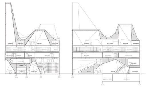 The building’s tripartite organization is evident tin the section, with central generic floors comprising the building’s midsection.