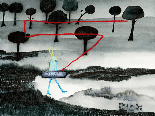 You are here - Ink, oil, pastel and graphite on paper, 12
