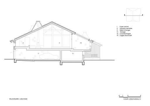 SECTION: The central space’s successive platforms open to a semi-sheltered terrace.