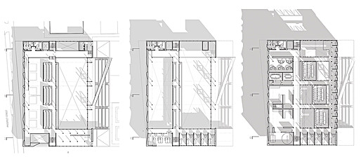 from left to right, second, third floors (seating and exhibition, coextensive with public room), fourth (upper level studios and labs)
