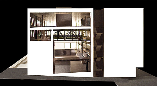 model photo, east facade looking into public room
