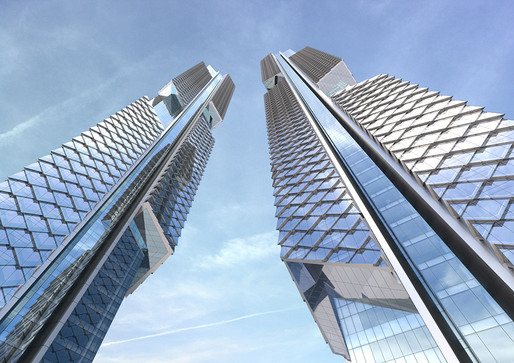 Looking up the AS+GG-designed Dancing Dragons Twin Towers for the new Yongsan International Business District in Seoul, South Korea (Image: Adrian Smith + Gordon Gill Architecture)