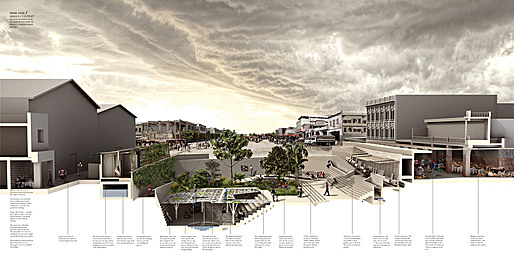 Sectional perspective of urban hub in downtown Port-au-Prince