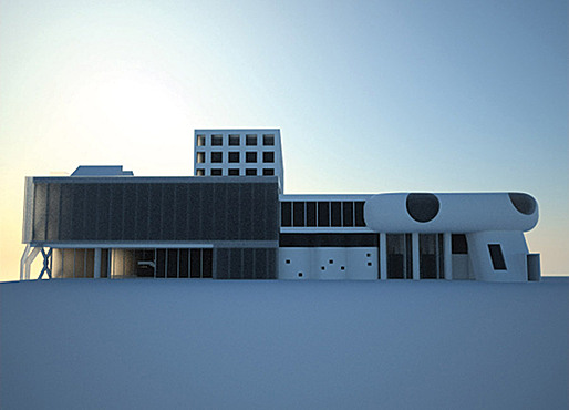 Rear Elevation. Mixture of parts: Corbusier, Mies, Classical, Mushroom, Translucency, Beineke