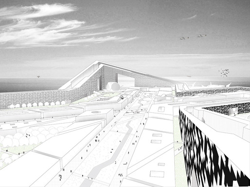 View of Hub Island’s central plaza and perimeter of housing (design by Alex Yuen)