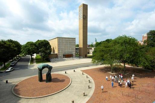 Architect Eliel Saarinen's First Christian Church (1942) helped launch a design revolution in Columbus, Ind. Nearly 30 years later, as part of that same movement, sculptor Henry Moore created the 20-foot-tall Large Arch as a public art work that could be walked through and around. (Photo: Chris Smith/Columbus Area Visitors Center)
