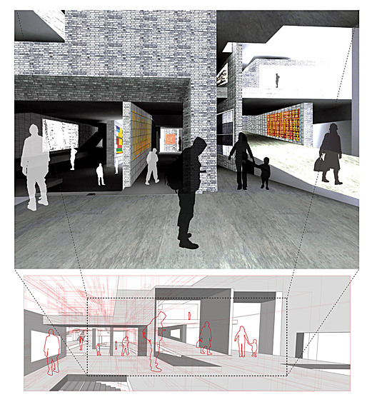 interior perspective, showing the connection point between four distinct ramp passageways