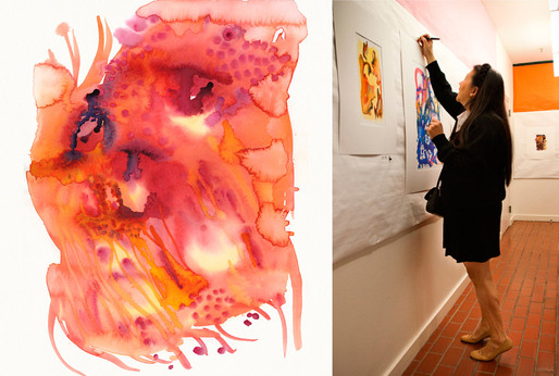 Landscapes & Personalities: What Do You See? (Hollywood, CA, 2009) Televised watercolor prints exhibit where viewers were asked to come up with names for the paintings (Photo by Sorin Constantin).