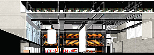 interior view of public room: with library above, and movable seating, cafe beyond