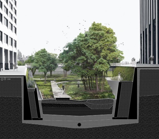 An architectural rendering of Sponge Slip, a proposed sunken park that would absorb flood waters in the event of a hurricane like Sandy that hit Lower Manhattan. Design firms Dlandstudio and ARO collaborated on this proposal for a Museum of Modern Art show called Rising Currents.