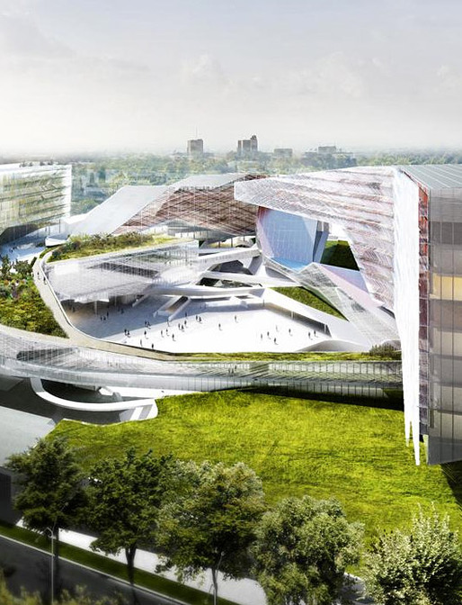 Cropped aerial view of the new Eni Exploration & Production Business Center in San Donato Milanese, Italy by Morphosis Architects with Nemesi Partners, Setec TPI, Setec Batiment and Pasodoble