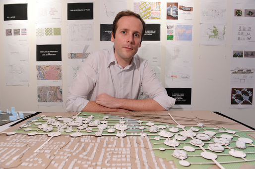 Sam Dufaux of WORKac presents at the Foreclosed: Rehousing the American Dream Open Studios at MoMA PS1 on June 18, 2011. Photographs by Don Pollard. © 2011 The Museum of Modern Art