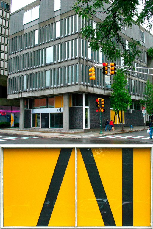 Art Interactive Gallery Facade/Signage/Landscape. (Cambridge, MA, 2004) Result of winning an international design competition. The black areas roll up so you can look inside.