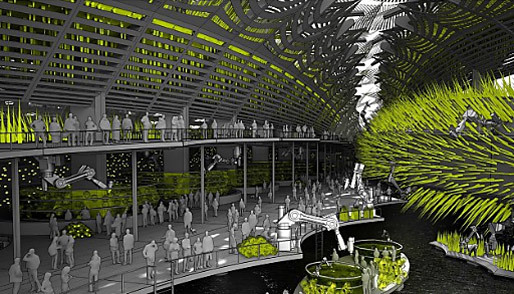 Hydramax is billed by its designer, San Francisco's Future Cities Lab, as "a synthetic architecture ... that blurs the distinction between building, landscape, infrastructure and machine." The model and drawings are on display through July 29 at the San Francisco Museum of Modern Art. (Image: Future Cities Lab)
