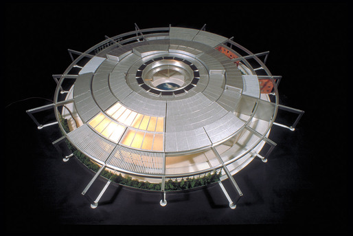 The Ephemeral House designed in 1997: In this proposal, all of the floor, wall, and roof sections can be rotated around a central open courtyard in order to change the structure to accommodate the changing needs of the occupants. Also mounted around the center courtyard on the roof are photovoltaic cells used to generate power for the house. In the central courtyard at the floor level, there is a circular pool of water, as well as plants growing in planters that can also be moved around the...