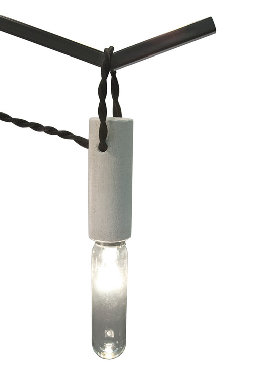 cylinder series – chandelier : concrete & wood cylindrical sockets, fabric covered wires & powder-coated steel.