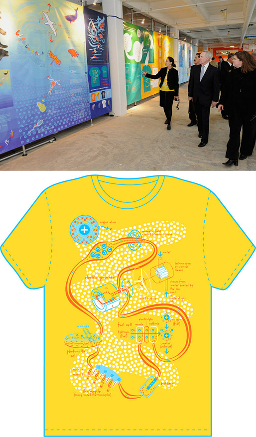 Children’s Science Illustrations: The Process & the Result. Top: Exhibit on the process with the US Secretary of the Navy Ray Mabus, NY Congressman Jose Serrano, and ONR Admiral Nevin P. Carr, at Iridescent-ONR Science Studios NYC (2010, Photo by John F. Williams). Bottom: Electricity T-shirt (2009).