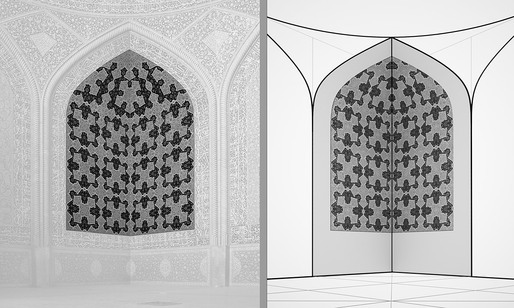 Corner surface pattern, as is (left) and Corner surface pattern, as it would be if the pattern were consistently applied, without modification, from bottom to top (right).