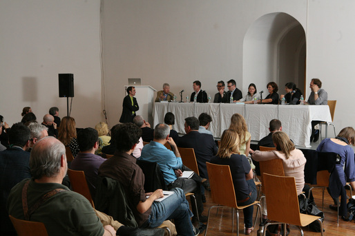 Public Symposium Panel on May 6, 2011. Left to right: Barry Bergdoll, The Phillip Johnson Chief Curator of Architecture and Design, The Museum of Modern Art; Harry Cobb, Pei Cobb Freed and Buell Center Board Member; Michael Bell, Visible Weather; Andrew Zago, Zago Architecture; Michael Meredith, MOS; Hilary Sample, MOS; Jeanne gang, Studio Gang; Amale Andraos, WORKac; Dan Wood, WORKac. Photo by Brett W. Messenger. © 2011 The Museum of Modern Art