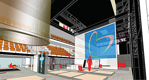 interior view of public room with a hypothetical exhibition, and cafe, sidewalk beyond