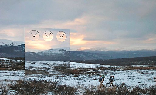 A computer simulation of new forms of power masts designed by Danish architect Erik Bystrup. The mirror wall sculpture mast reflects the nearby surroudings, making it nearly invisible. And invisibility is a characteristic many citizens would like to see applied to power lines. 