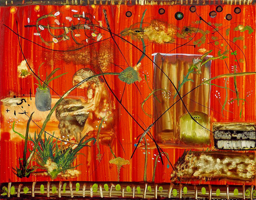 There is a caveman in my apartment examining the fur. I wish he would leave - Watercolor on clayboard, 11