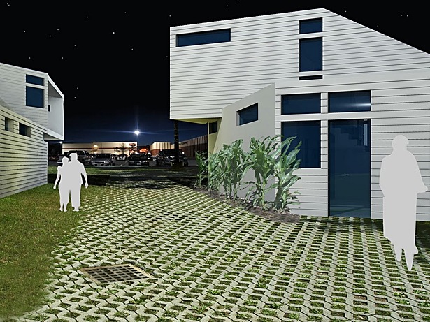 In keeping with a sensitive approach to the ecology of the site, automobile travel is permitted only at the edges, servicing residential developments without dividing the farmland. A staggered unpaved street is loosely defined by the spaces between buildings. The permeable streetscape is meant as a shared space that slows cars and accommodates people, bicycles, and farm carts. Small lots adjacent to the street can be utilized as gardens, yards, or parking spots. 