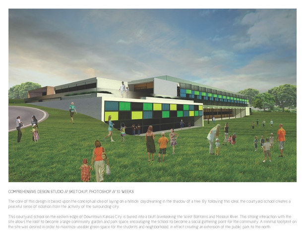 The northwestern corner of the school, showing the interaction with the sloped site and the colored facade systems.