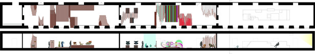 plan and section of the three exhibit spaces, displaying the changes in color and style in accordance to changing furniture styles of the 20th century.