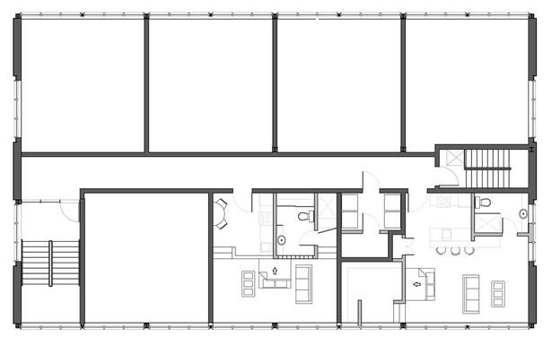 Alternate plan showcasing one typical studio unit, one large studio unit both with hideaway beds