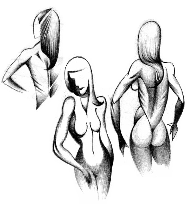 This piece is an abstract rendering of models posing drawn with a black colored pencil.