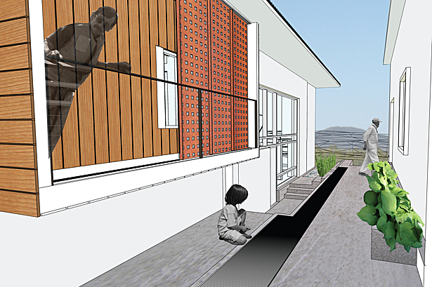 bedroom overlooking the passage between residence and vineyard house