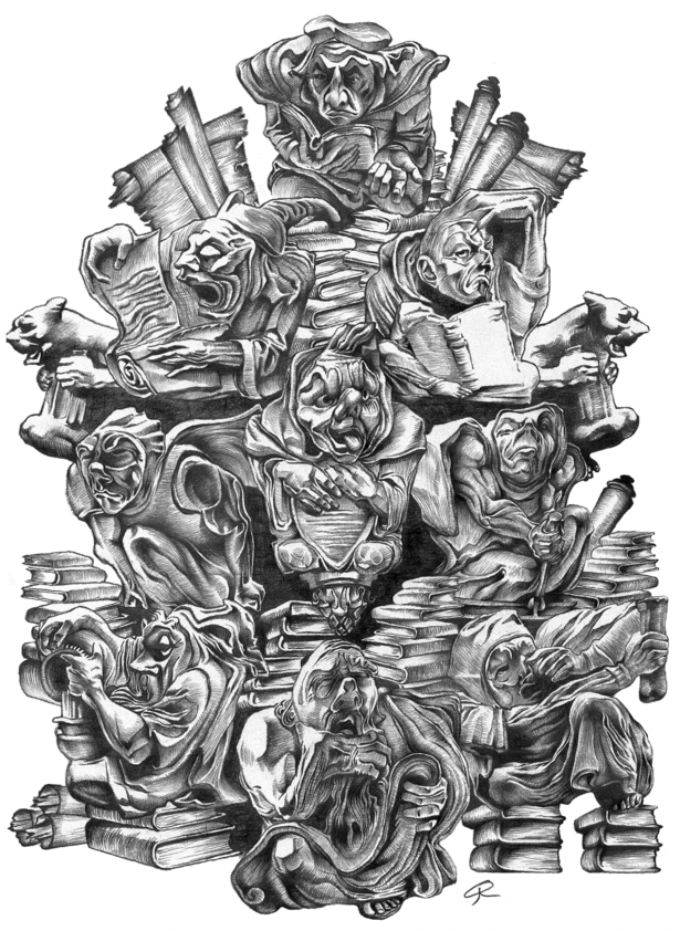 Pencil illustration of 'wise men' seeking knowledge.