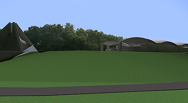 View of Chapel (left) and Mausoleum (right) from existing cemetery