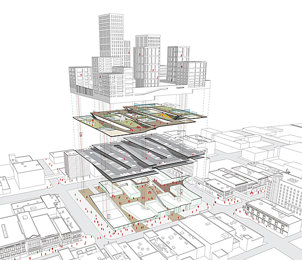 Exploded view showing the layering of the buidling: retail - parking - urban activity deck -residential/offices
