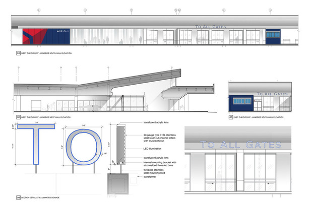 DD Presentation board depicting proposed storefont elevations and dimensional letter signage installation details. 