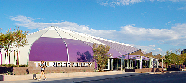 a welcoming approach from main campus (purple is the school's color)