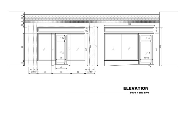 Historic storefront in Highland Park on York Blvd., facade drawing